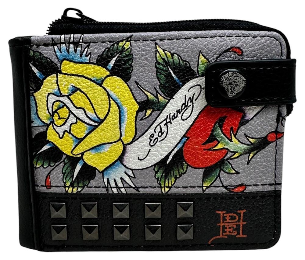 Ed Hardy Men's Pyramid Stud Printed Snap Closure Bifold Wallet